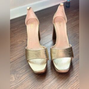Boden Gold Platform Heels Size 38 Quiet Luxury Evening Shoes AS IS
